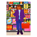 Illustration of a person shopping in a colorful grocery store aisle.
