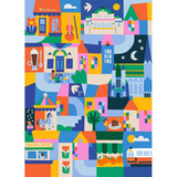 A colorful, whimsical illustration of a village scene with houses, trees, a bus, a guitar, a cup, birds, and stars in a patchwork of bright geometric shapes.