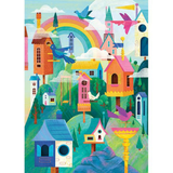 Colorful illustration of a whimsical village with houses, birds, and a rainbow.