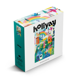 A 1000-piece jigsaw puzzle box by the brand holiyay, featuring a colorful, whimsical illustration of a village with houses, a rainbow, and birds. The box is white with a teal spine and showcases the puzzle's vibrant artwork.