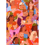 A colorful illustrated crowd scene with many people holding drinks, phones, and fans, rendered in a stylized graphic-art style with warm tones and overlapping figures.