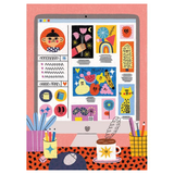 A stylized illustration of a computer monitor displaying a colorful grid of whimsical icons, patterns, and doodles, with desk items like pencils, a cup, and a notebook arranged below on a pink background.