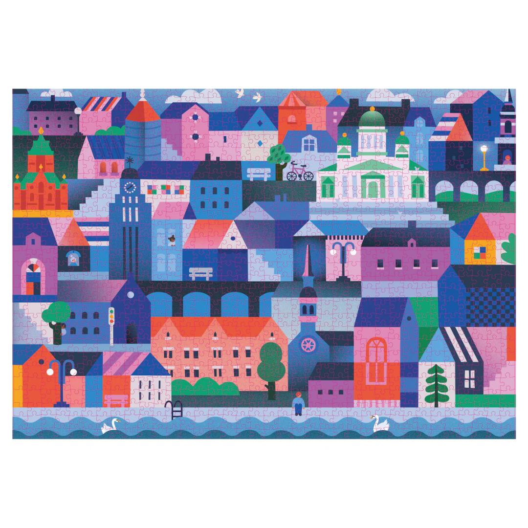 Colorful illustration of a town with various buildings and structures.