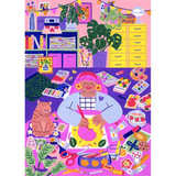 A colorful illustrated art studio scene with a person painting in the center, surrounded by paintbrushes, palettes, books, plants, a cat, and art supplies. The artwork uses bright pink, purple, yellow, green, and blue tones and appears to be the product itself rather than a real photographed environment.
