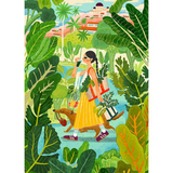 A colorful illustrated scene framed by large tropical leaves, showing a woman in a yellow dress walking with a dog and carrying bags, with a beach and palm trees in the background.
