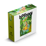 Jigsaw puzzle box with tropical design and 'holiyay' branding on a white background