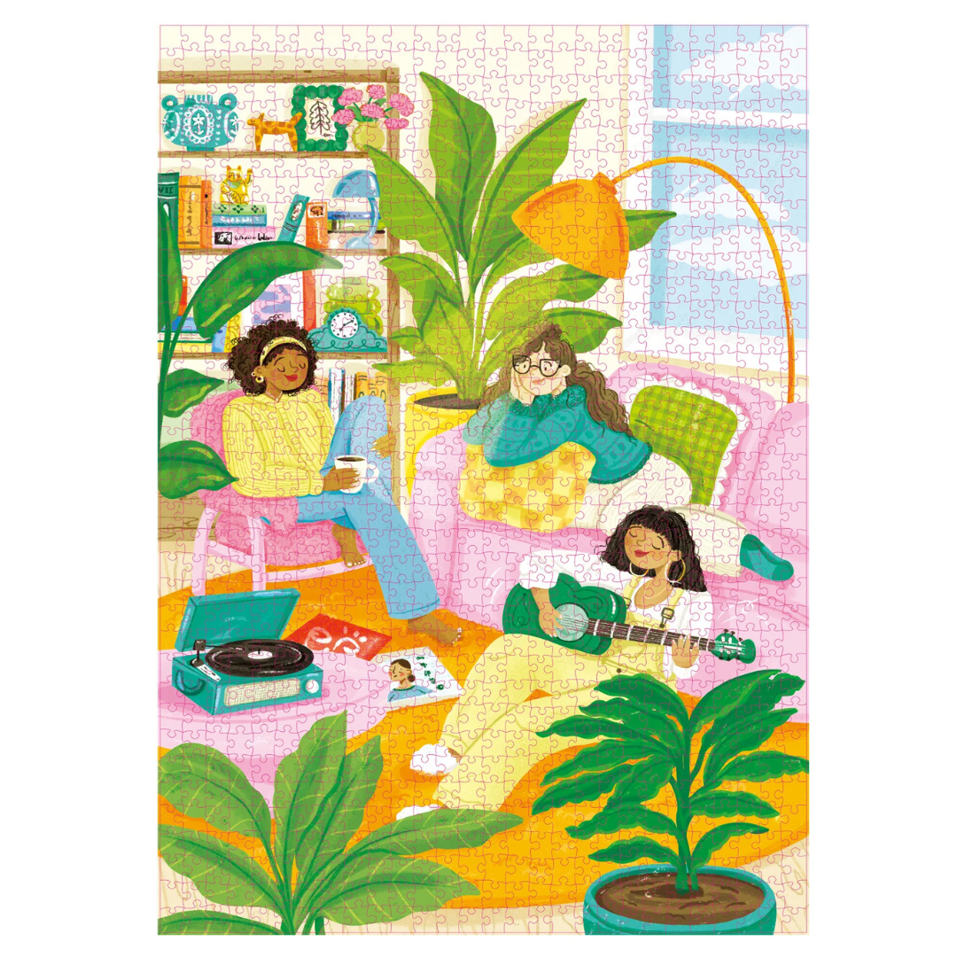 Illustration of three people in a cozy living room with plants and a record player.