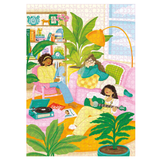 Illustration of three people in a cozy living room with plants and a record player.