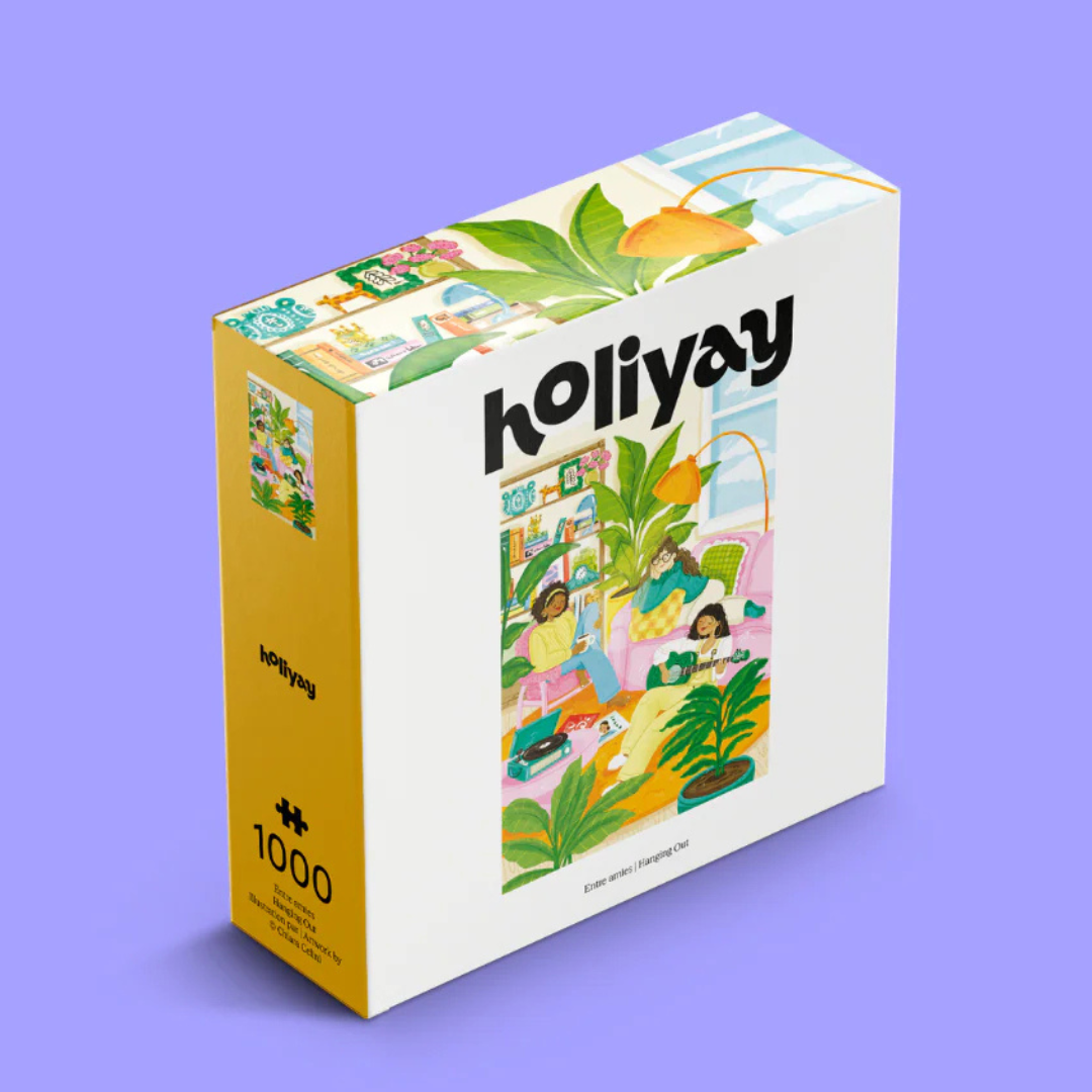 Holiyay puzzle box with colorful illustrations on a purple background