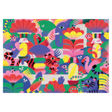 Colorful puzzle with abstract animal and plant designs on a white background