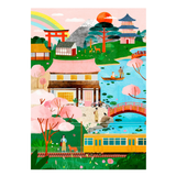 Colorful illustration of a Japanese landscape with traditional architecture, cherry blossoms, and a train.