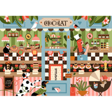A colorful illustrated chocolate shop storefront with shelves of cakes, pastries, and chocolate treats, birds, flowers, and a central sign reading 'CHOCOLAT'. This appears to be decorative artwork or a print rather than a photographed physical product, so I classify it as Scenery because the depicted scene itself is the subject being sold or shown as art.