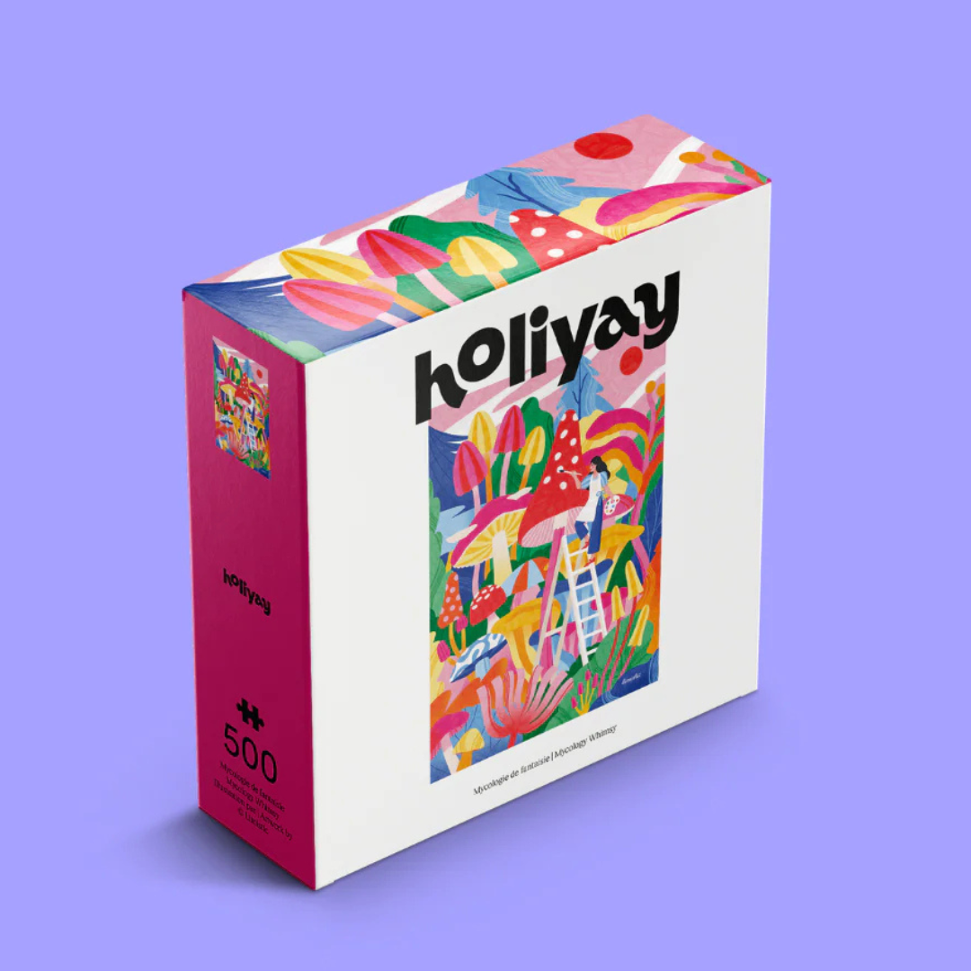 Colorful puzzle box with 'holiyay' branding on a purple background