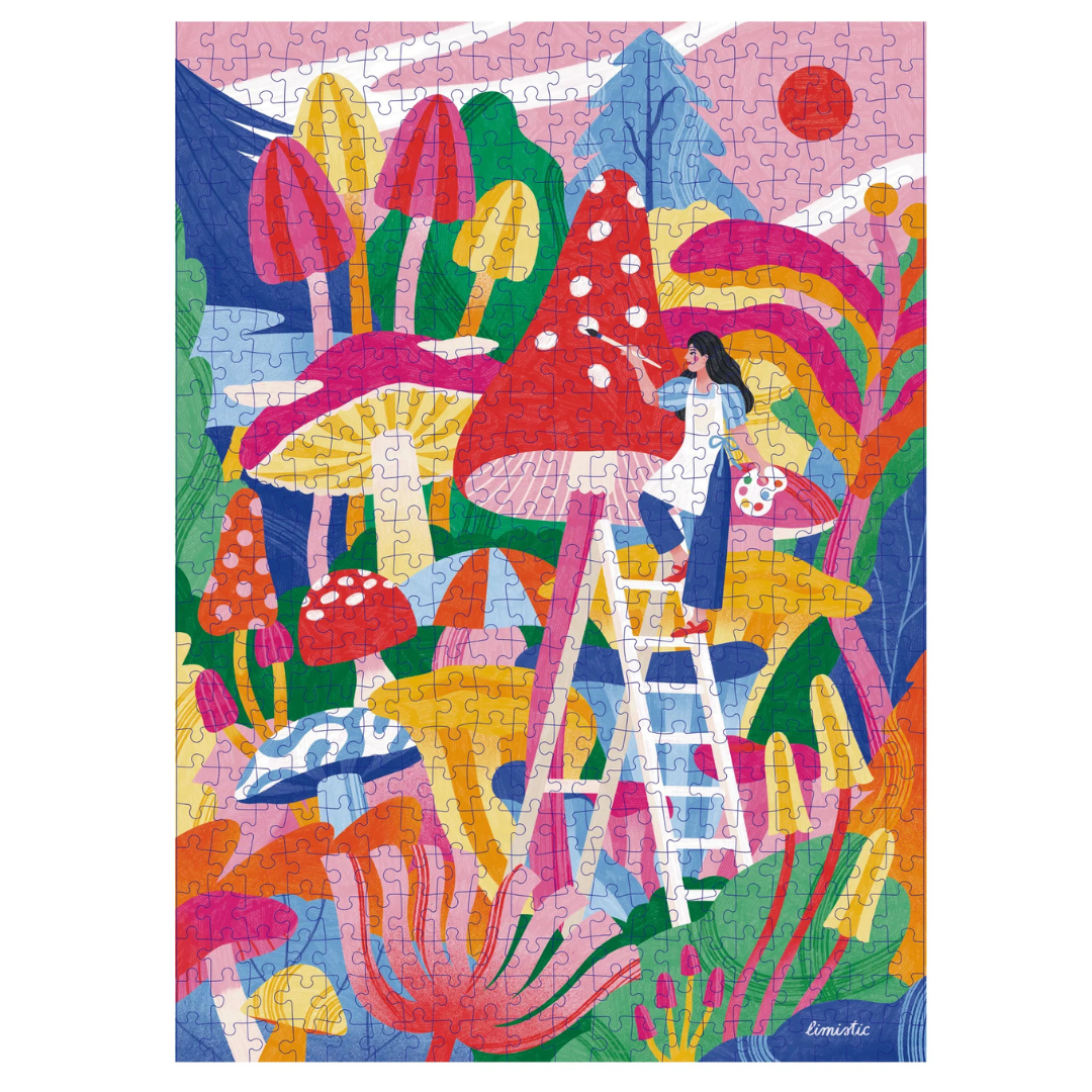 Colorful puzzle with a design of a woman on a mushroom and various mushrooms and plants.
