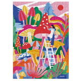 Colorful puzzle with a design of a woman on a mushroom and various mushrooms and plants.