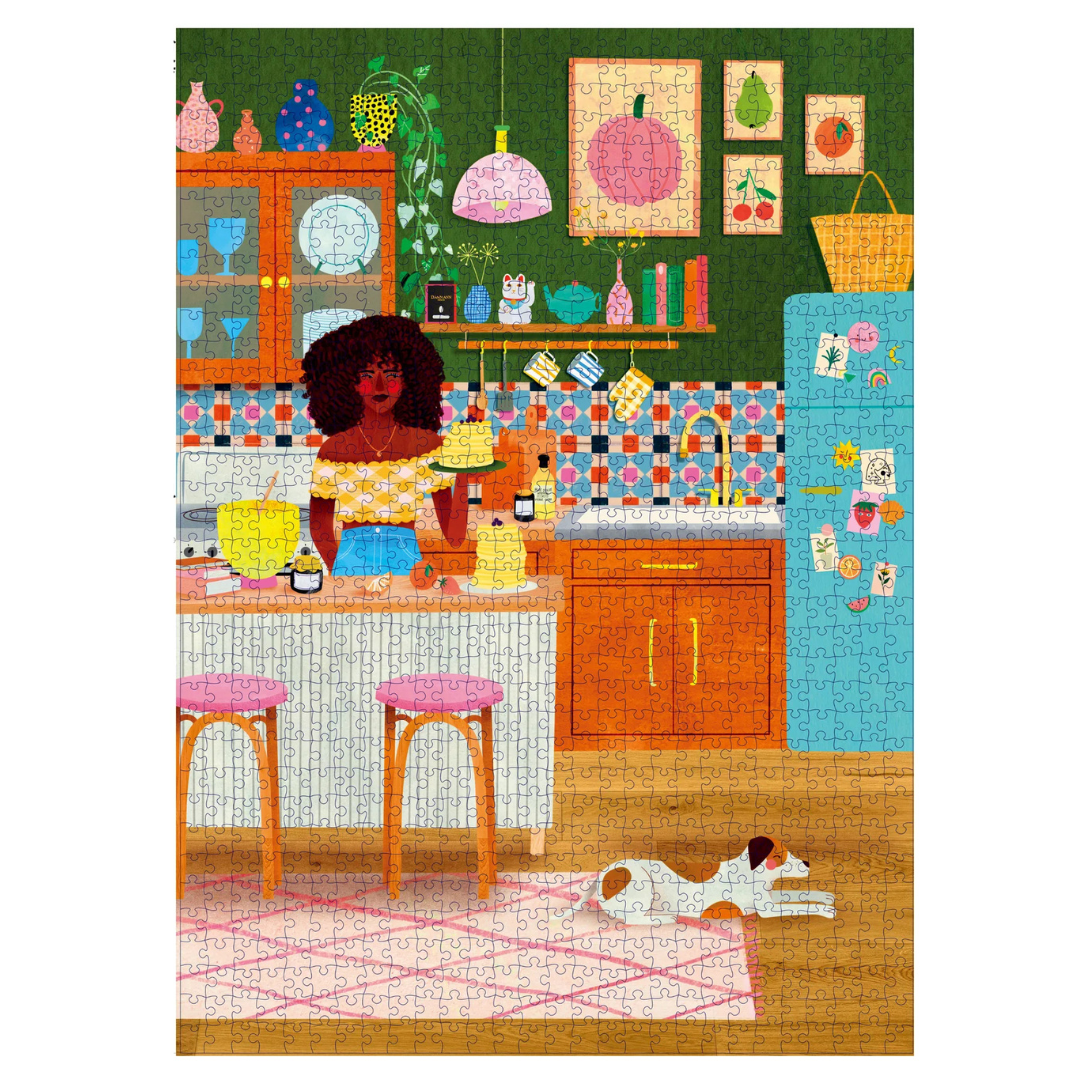 Illustration of a woman in a kitchen with a dog on the floor, colorful decor, and a refrigerator.