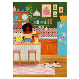 Illustration of a woman in a kitchen with a dog on the floor, colorful decor, and a refrigerator.