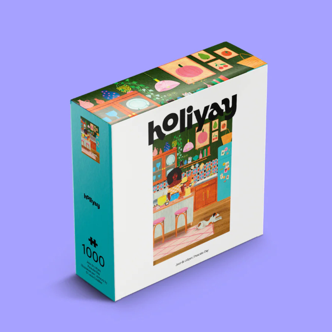 Holiyay puzzle box with colorful illustration on a purple background