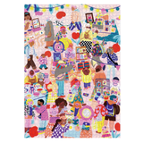 Colorful puzzle with various illustrated characters on a white background