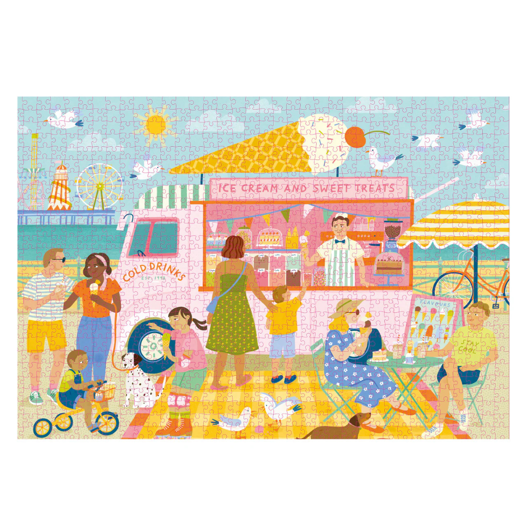 Illustration of a beach scene with an ice cream truck and people enjoying the day.