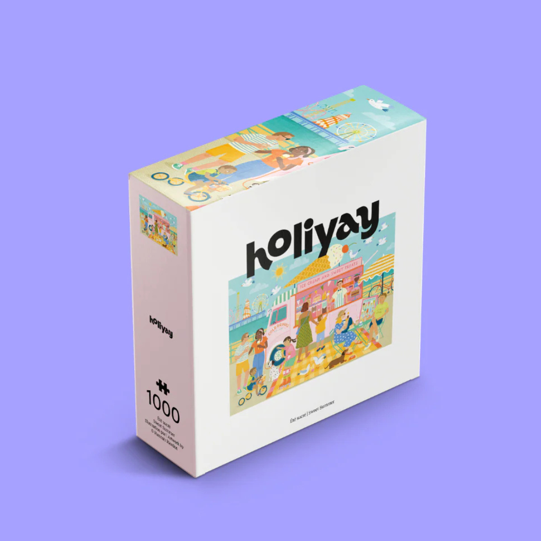 Jigsaw puzzle box with colorful illustrations and 'holiyay' branding on a purple background