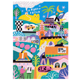 Colorful illustration of a cityscape with various scenes and activities on a blue background.