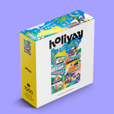 Colorful puzzle box with 'holiyay' branding on a purple background