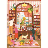 A colorful illustrated scene of a cozy bookshop interior with people browsing shelves, hanging plants, string lights, and a large arched window looking out onto a street. This appears to be the artwork itself rather than a photo of a physical product in a room, so the best fit is Scenery.