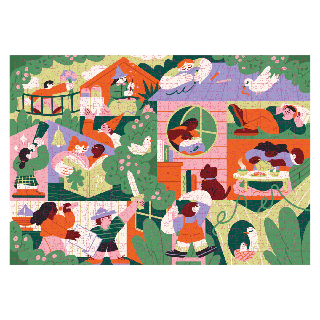 Illustration of people and animals in a garden setting with colorful houses.