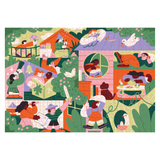 Illustration of people and animals in a garden setting with colorful houses.