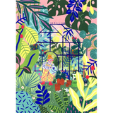 A colorful botanical illustration featuring a greenhouse scene with illustrated plants, leaves, flowers, and a stylized person in the center, rendered in bright multicolor tones.