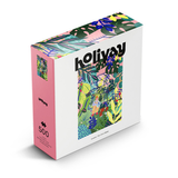 A 500-piece jigsaw puzzle box by the brand holiyay, featuring a colorful tropical leaf pattern on the top and front, with a pink side panel.