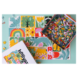 Colorful children's puzzle with a box on a light blue background