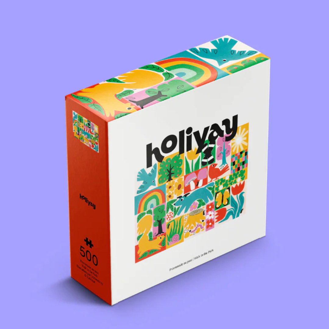 Colorful puzzle box with 'holiyay' branding on a purple background