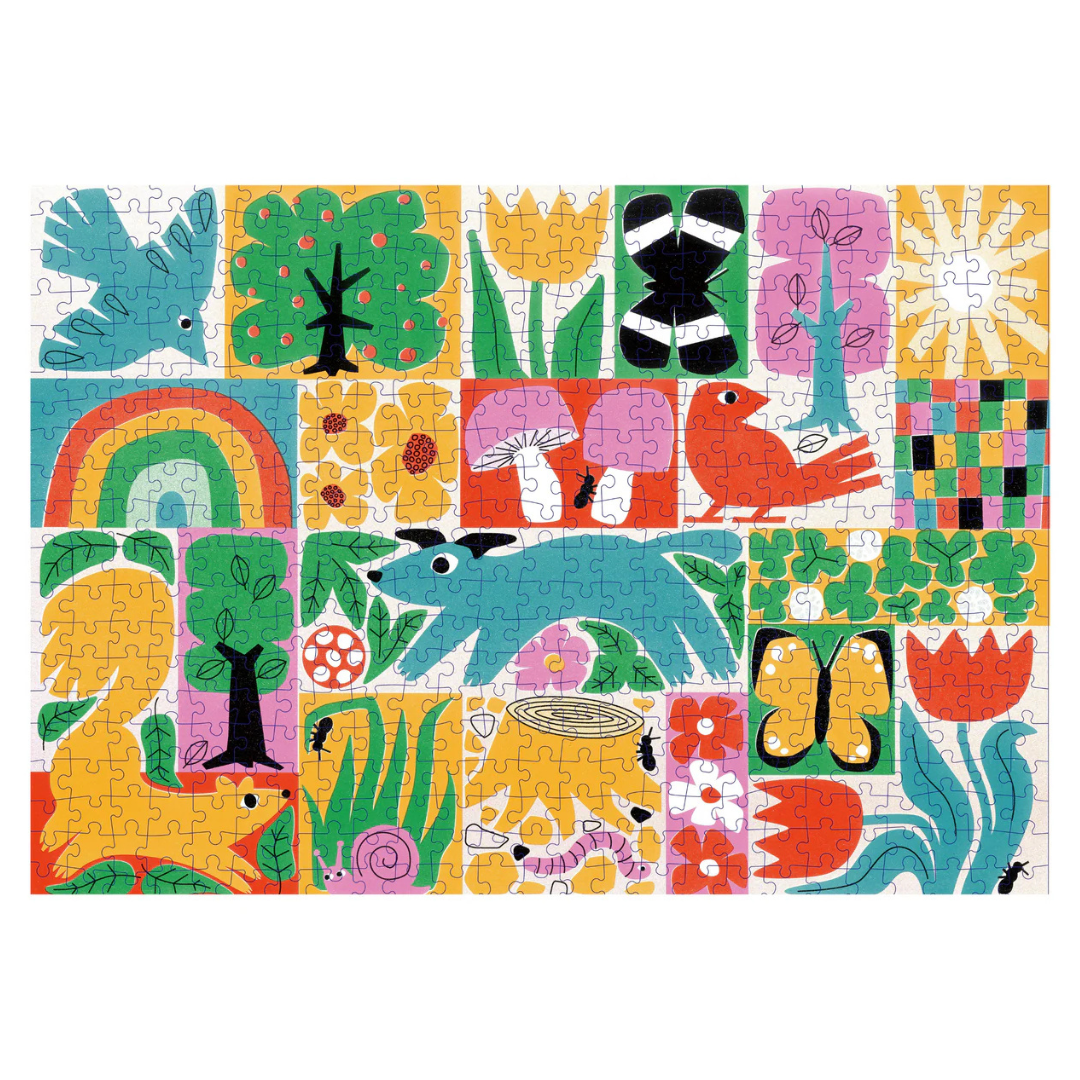 Children's puzzle with colorful animals and nature-themed pieces on a white background