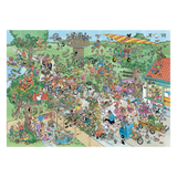 Colorful illustration of a busy street scene with various activities and characters.