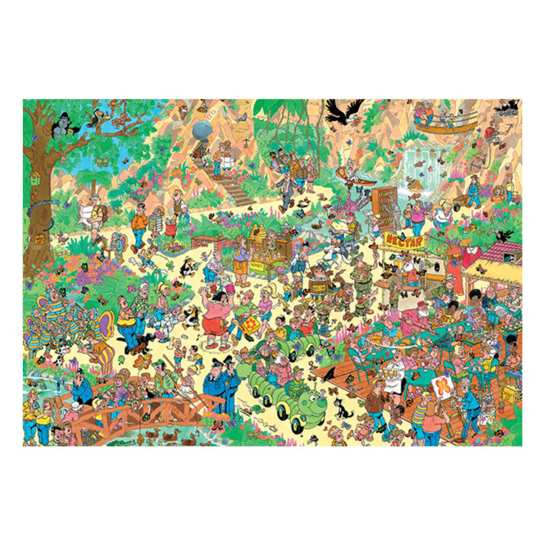 Colorful illustration of a crowded scene with various characters and activities on a white background