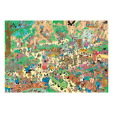 Colorful illustration of a crowded scene with various characters and activities on a white background