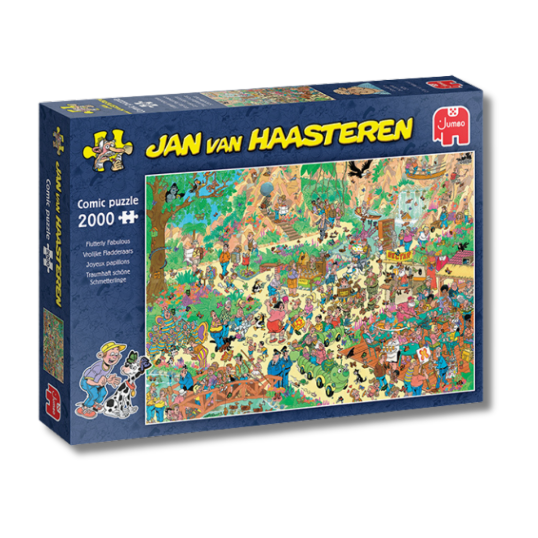 Jigsaw puzzle box featuring Jan van Haasteren design with colorful illustration on a white background