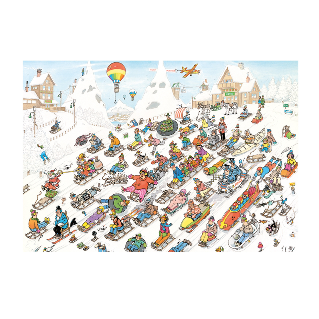 Colorful illustration of people sledding down a hill with various activities and structures in the background.