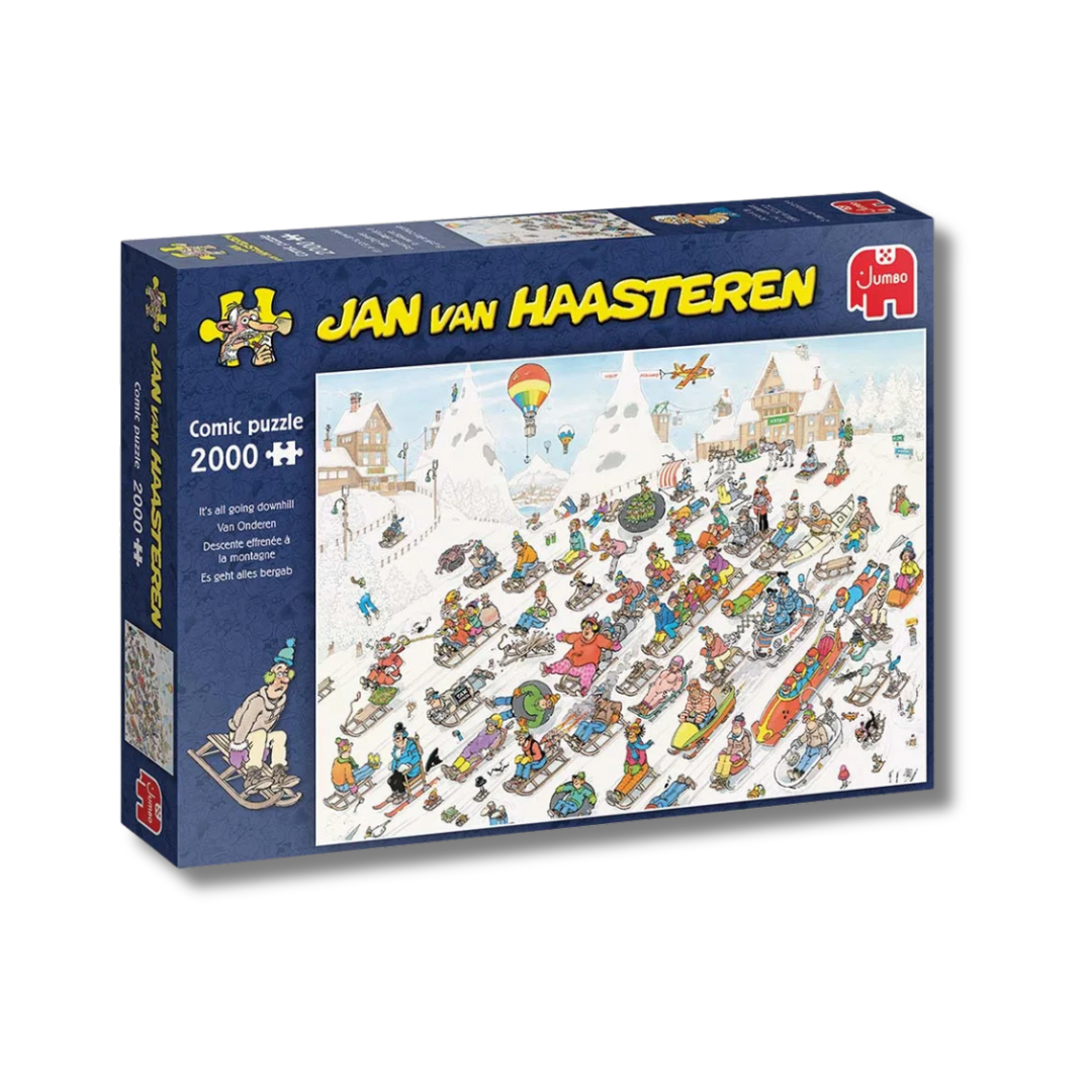 Jigsaw puzzle box featuring Jan van Haasteren design on a white background