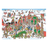 Illustration of a festive village scene with people and activities on a snowy day.