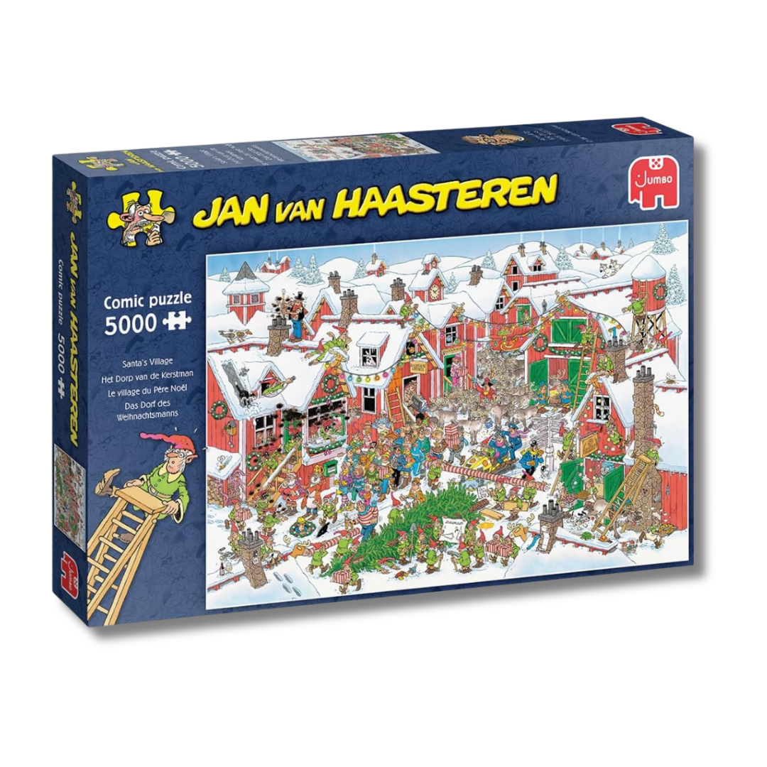 Jigsaw puzzle box featuring a colorful village scene with 'Jan van Haasteren' branding.