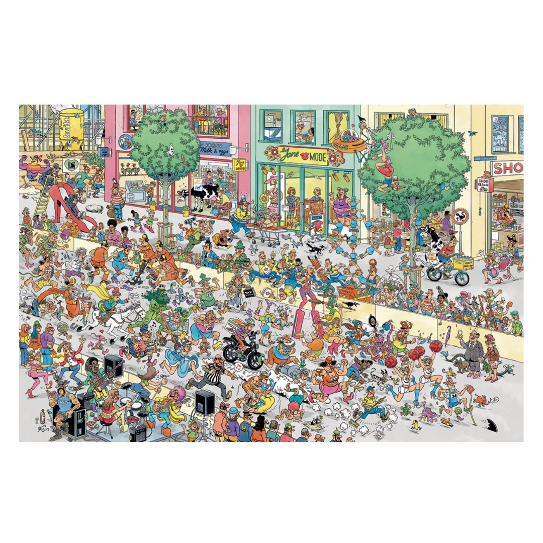 Illustration of a busy street scene with various characters and activities