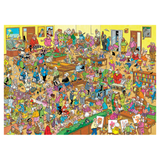 Colorful illustration of a crowded room with various people engaged in different activities.