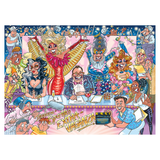 Colorful illustration of a talent show-themed event with performers and a central figure at a table.