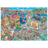 Colorful cartoon illustration of a group of people on a dock with various activities and objects.