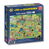 Colorful illustration of a park scene with various activities and characters.