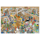 Illustration of a busy museum with people and dinosaur skeletons