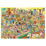 Colorful puzzle with numerous cartoon characters in a busy Retirement Home  setting